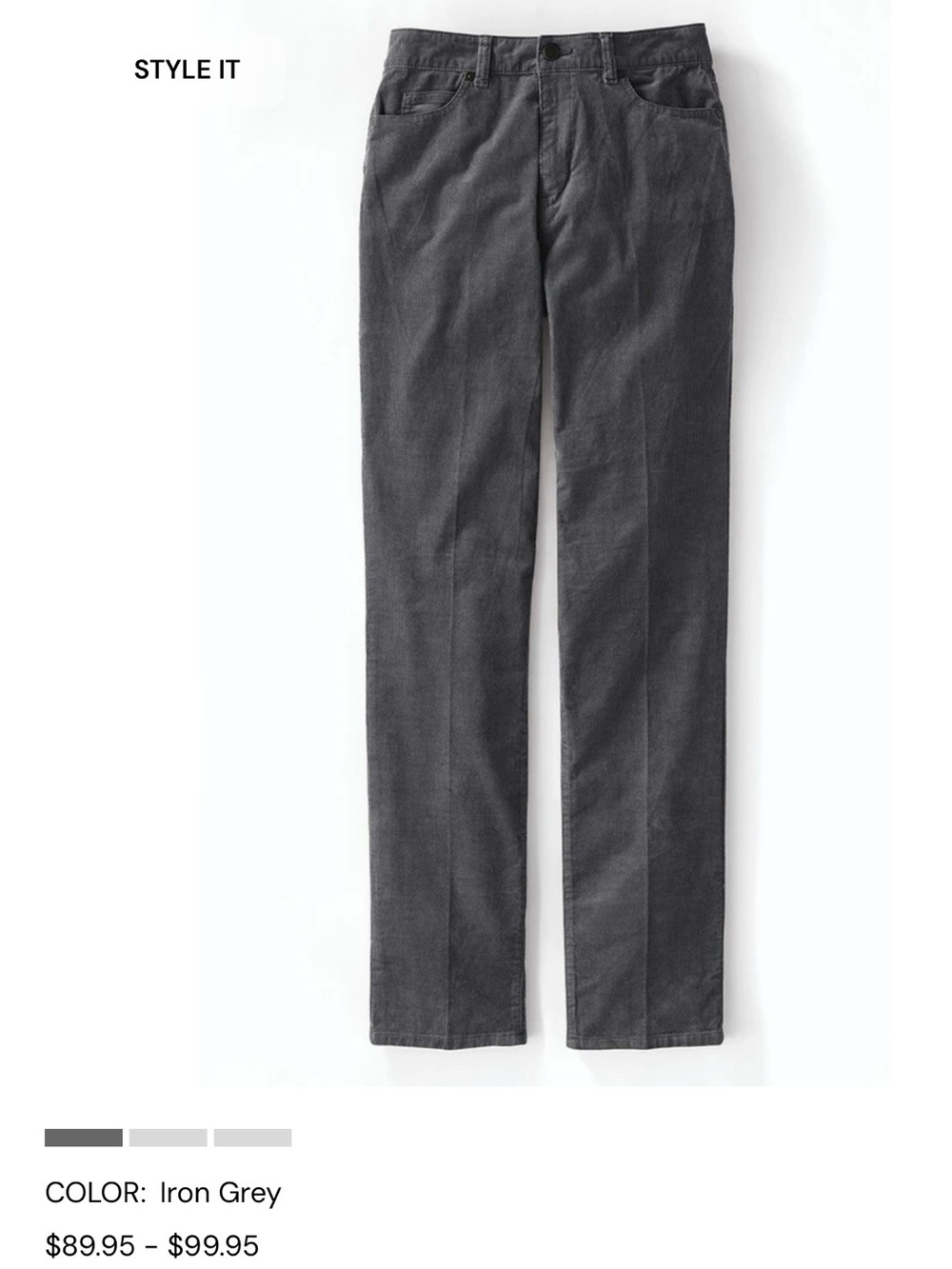 Coldwater Creek pinwale stretch straight leg cords sz 10 color iron grey